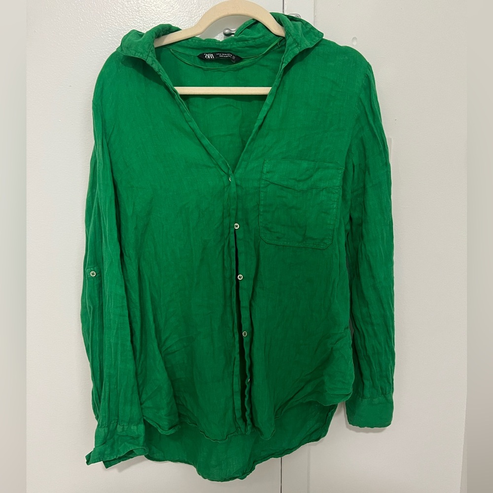 Emerald Green Linen Zara Button Up Blouse | M